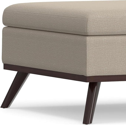 SIMPLIHOME Owen 36 inch Wide Mid Century Modern Square Coffee Table Storage Ottoman in Natural Polyester Fabric, Assembled, for the Living Room, Entryway and Family Room