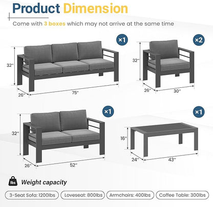 Wisteria Lane 5-Piece Outdoor Patio Furniture Set, Outdoor Sectional Furniture with Upgraded Cushions, Outdoor Conversation Seating Set for Balcony, Garden, Deck, Backyard, Grey