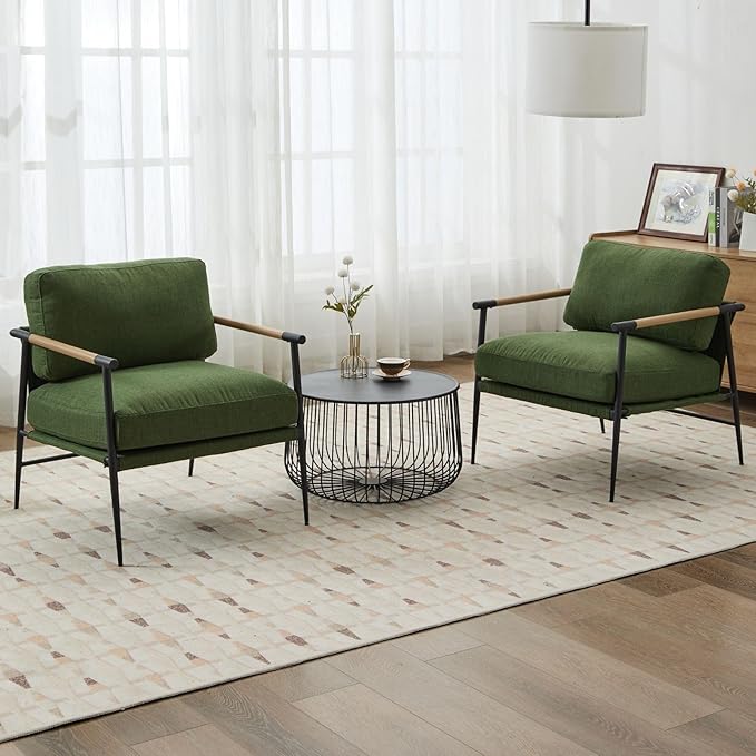 LukeAlon Mid-Century Linen Accent Chair, Ultra Soft Living Room Chair with Metal Legs Modern Armchair Reading Nook Chair Lounge Chair Upholstered Comfy Leisure Chair for Bedroom Waiting Room, Green