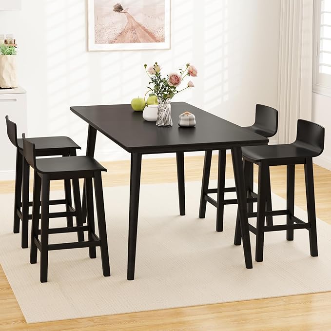 COSTWAY Solid Wood Bar Stools Set of 2, 24.5-inch Counter Height Chairs with Low Back and Footrest, Farmhouse Wooden Armless barstools for Kitchen Island, Dining Room, Cafe, Breakfast, Black