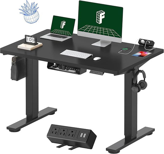FLEXISPOT EN2 Whole-Piece Standing Desk with Clamp Power Strip, 48 x 30 Electric Stand Up Height Adjustable Desk with Cable Management (Black Frame + 48" Black Top, 2 Packages)