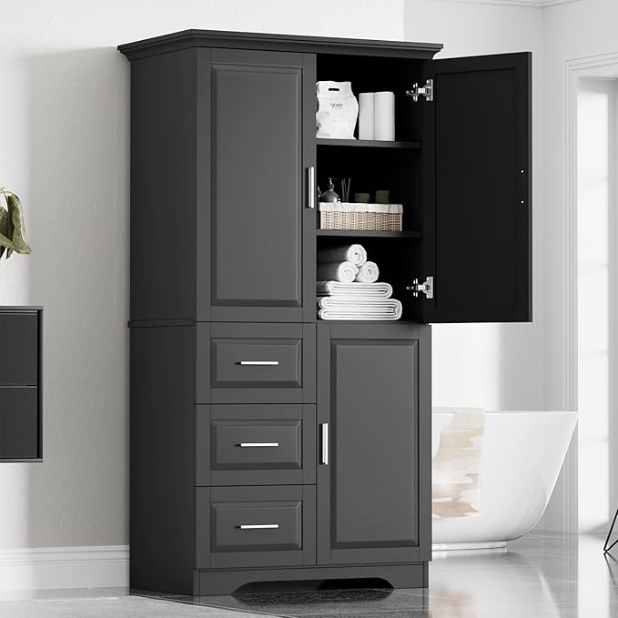 Merax 62.2" Wide Storage Cabinet Pantry Cupboard with Doors and Drawers for Home Kitchen, Bathroom and Living Room, Adjustable Shelf, Black