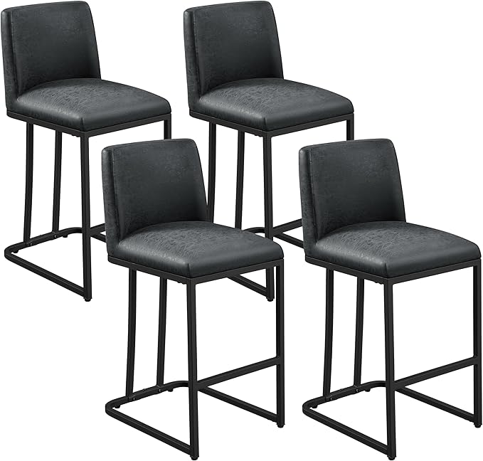 Yaheetech Bar Stools Set of 4, Counter Height Kitchen Stools 24'' Modern Leather Upholstered Bar Chairs with Back and Metal Legs for Kitchen Counter, Dark Gray