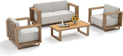 Outdoor Patio Furniture Set, 5 Piece Outdoor Rattan Wicker Sofa Couch, Conversation Sets with 2 Single Sofa, 2 Armchairs and Coffee Table for Deck Backyard Lawn
