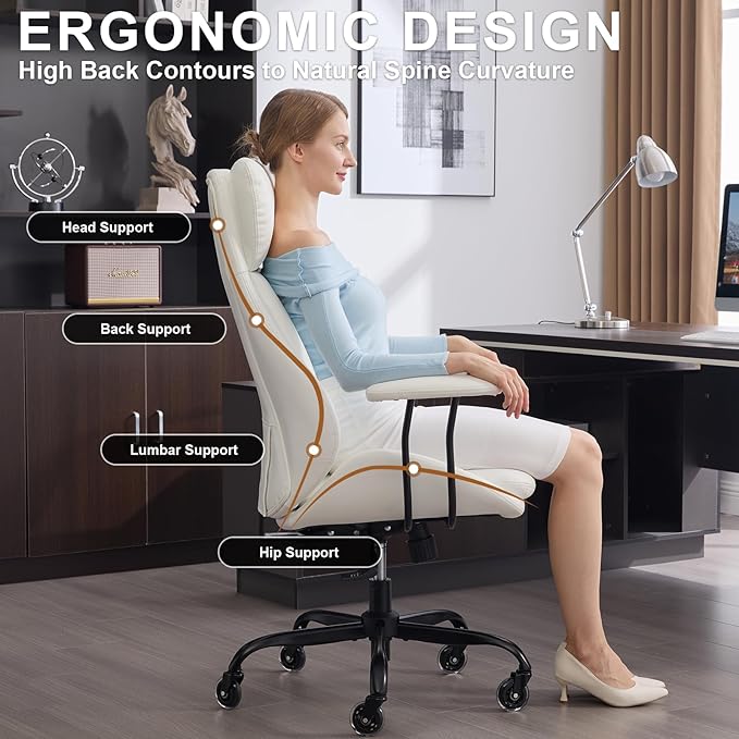 Home Office Desk Chair, PU Casters Ergonomic Computer Chair with Lumbar Support, Adjustable Height, 360°Rolling Swivel Chair, High Back Executive Task, Padded Armrests Chair, White Leather