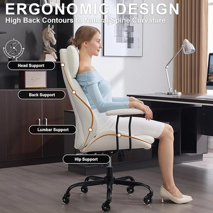 Home Office Desk Chair, PU Casters Ergonomic Computer Chair with Lumbar Support, Adjustable Height, 360°Rolling Swivel Chair, High Back Executive Task, Padded Armrests Chair, White Leather