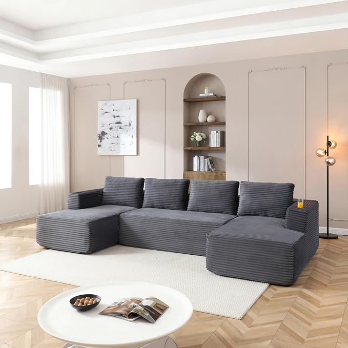 132 Inch Modular Sectional Sleeper Sofa, Boneless Cloud Couch for Living Room, U Shaped 5 Seat Sofa with 2 Cup Holders, Free Combination, No Assembly Required (Grey)