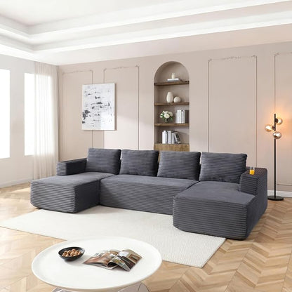 132 Inch Modular Sectional Sleeper Sofa, Boneless Cloud Couch for Living Room, U Shaped 5 Seat Sofa with 2 Cup Holders, Free Combination, No Assembly Required (Grey)