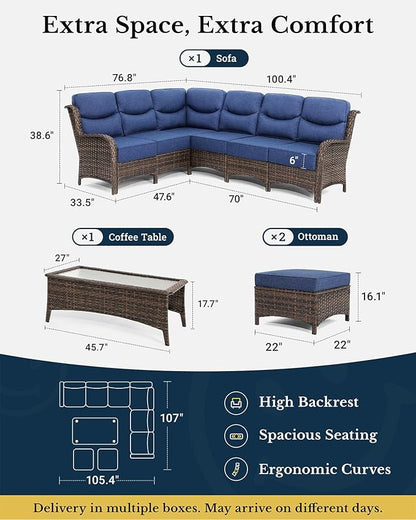 HILLGA Luxury Patio Furniture Set with 6-inch Thick Cushion, Outdoor Sectional Sofa and Coffee Table, 4PCS Wicker Conversation Set for Deck Yard and Poolside, Blue (V2)