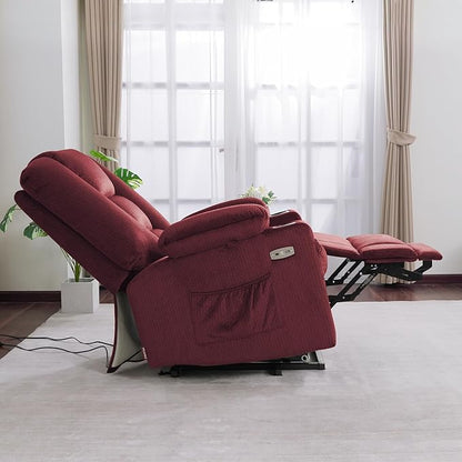 MCombo Oversized Power Lift Recliner Chair Sofa with Massage and Heat for Elderly People Petite, USB Ports, Side Pockets, Fabric R7561 (Burgundy, Small-Oversize)