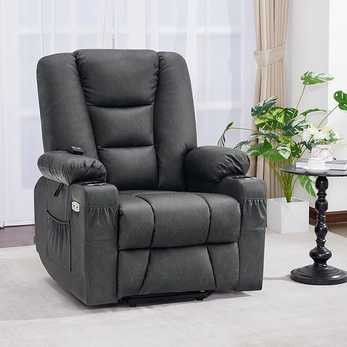 MCombo Power Lift Recliner Chair for Elderly, Lift Chair with Heat and Massage, USB Ports, Cup Holders, Faux Leather 7519 (Medium, Dark Grey)
