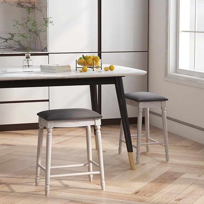 COSTWAY Upholstered Bar Stools Set of 4, 24-Inch Backless Counter Height Dining Stools with Delicate Wood Carving, Footrest, Solid Rubber Wood Frame, Farmhouse BarStools for Kitchen Island Bar, White