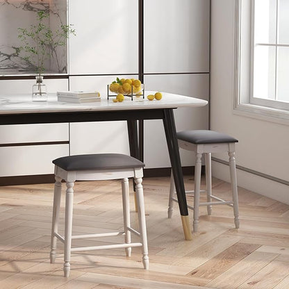 COSTWAY Upholstered Bar Stools Set of 4, 24-Inch Backless Counter Height Dining Stools with Delicate Wood Carving, Footrest, Solid Rubber Wood Frame, Farmhouse BarStools for Kitchen Island Bar, White