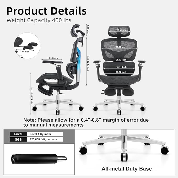 Ergonomic Home Office Desk Chair with Massage Lumbar Support，4D Headrest & 5D Armrests, Reclining Big and Tall 400LBS Mesh Chair with Footrest，Adjustable Back High and Seat Depth(Black)