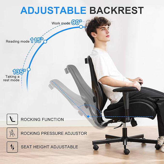 Ergonomic Home Office Desk Chair,Breathable Mesh Chair with Expanded High Back Lumbar Support,Adjustable Height (Classic)