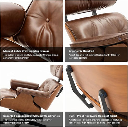 Top Grain Leather, Mid Century Chaise Lounge Chair and Ottoman, Reading Chair, Leather Accent Chair, Modern Chair, Classic Design, for Living Room Lounge Office,Retro Aged Leather, Walnut