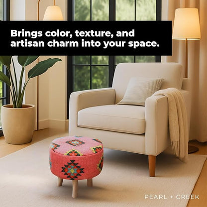 Arabella Pink Kilim Pouf Ottoman – 16" Round Handwoven upholstered Foot Stool with Washable Cover – Accent Knockdown Stool for Bedroom, Living Room, cottagecore, Boho & Farmhouse Decor