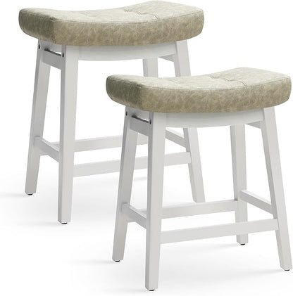 Counter Height Bar Stools Set of 2 for Kitchen Counter Farmhouse Modern Barstools with Faux Leather Upholstered Backless Seat and Solid Wood Legs 24 inch Bar Chairs, Light Grey + White