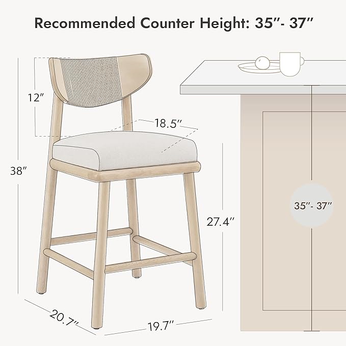 Watson & Whitely Boho Counter Height Bar Stools Set of 2, 27” Modern Upholstered Bar Stools with Natural Woven Rope Back and Solid Wood Frame for Kitchen Island, Home Bar, Fabric in Linen
