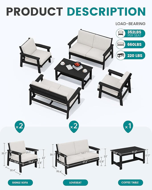 SERWALL HDPE Patio Furniture Set, 5 Piece All Weather Wood-Like Sectional Outdoor Furniture Set, Black Patio Sofa Couch with Khaki Cushions for Deck, Lawn