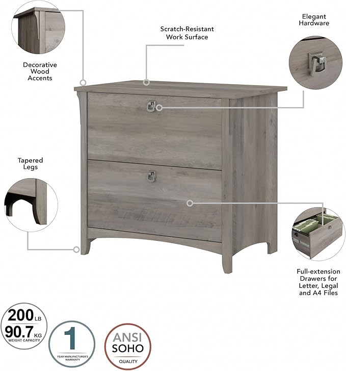 Bush Furniture Salinas 2 Drawer Lateral File Cabinet in Driftwood Gray, Home Office Storage Solution, Organizer with Drawers for Workspace, Filing Unit