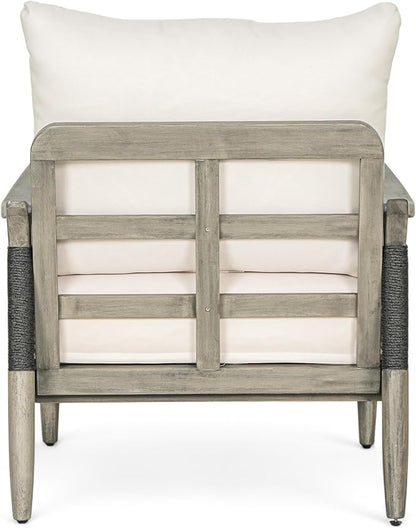 Christopher Knight Home Havets Patio Acacia Wood Club Chair with Woven Rope, Comfortable Outdoor Armchair, Water-Repellent Thick Cushion Deep Seating for Porch, Garden, Backyard, Balcony, Gray+Beige