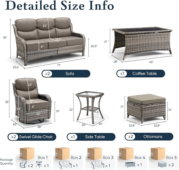 Belord Luxury 6" Thick Cushioned 8 Pieces Patio Furniture Set with Outdoor Couch, Wicker Outdoor Conversation Set with High Back Swivel Rocker Chairs for Deck Porch Yard and Poolside - Grey+Grey