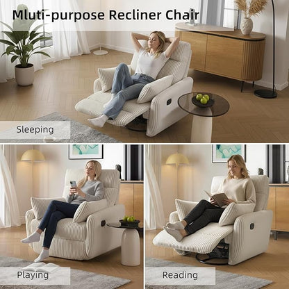 Swivel Recliner Chair for Adults, Corduroy Nursery Glider Rocking Chair, Armchair with 2 Pillows, Comfy High Back Reclining for Small Spaces, Nursery Bedroom Living Room (Corduroy Beige, 1 Pack)