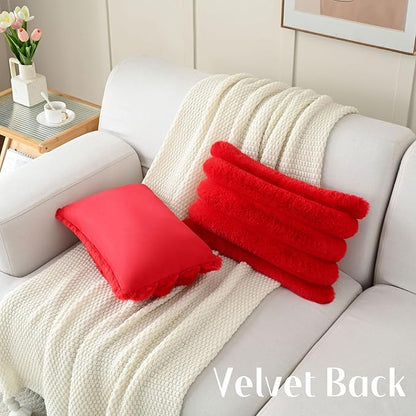 FUTEI Christmas Red Decorative Throw Pillow Covers 12x20 Inch Set of 2, Square Soft Faux Rabbit Fur Thick Striped Lumbar Pillow Case,Winter Home Decor for Couch Bed Living Room