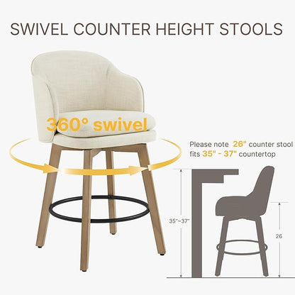 Counter Height Barstools 26 inch Upholstered Swivel Bar Stools with Back and Wood Legs for Kitchen Island,Set of 3,Linen Fabric