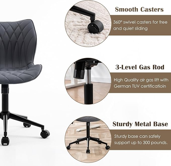 YOUNUOKE Armless Desk Chair Comfy Office Chair with Wheels HomeTask Chair Adjustable Computer Chairs Modern PU Leather Swivel Chairs Upholstered Makeup Vanity Chair(Grayish Purple)