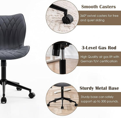 YOUNUOKE Armless Desk Chair Comfy Office Chair with Wheels HomeTask Chair Adjustable Computer Chairs Modern PU Leather Swivel Chairs Upholstered Makeup Vanity Chair(Grayish Purple)