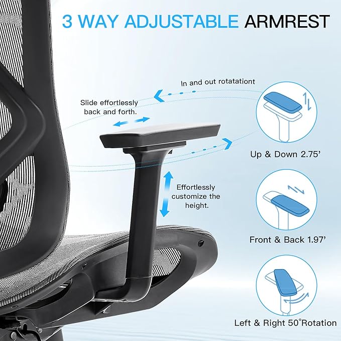 Ergonomic Office Chair with Lumbar Support, 3D Adjustable Armrest, Mesh Home Office Desk Chairs, Swivel Computer Chair, High Back Reclining Executive Office Chair,400lbs Capacity (Black/Grey)