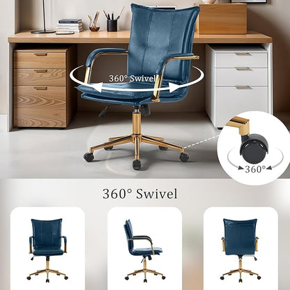MOJAY Mid-Back Ergonomic Leather Office Chair, Modern Upholstered Executive Desk Chair with Gold Frame Armrest Computer Task Chair (DarkBlue)