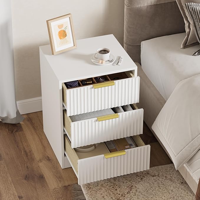 3-Piece Modern Bedroom Furniture Set, Wide 6-Drawer Dresser & 3-Drawer Nightstands Set of 2, Natural Wood Dresser and Nightstand Sets for Bedroom, Hallway, White