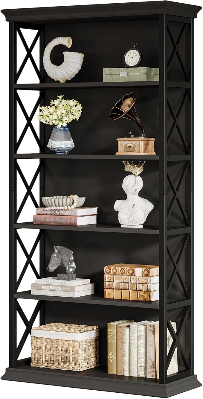 Tribesigns 71-Inch Tall Bookcase, 5-Tier Industrial Metal Bookshelf, Large Etagere Bookcases and Bookshelves, Freestanding Display Shelves for Living Room, Bedroom, Black (Set of 2)