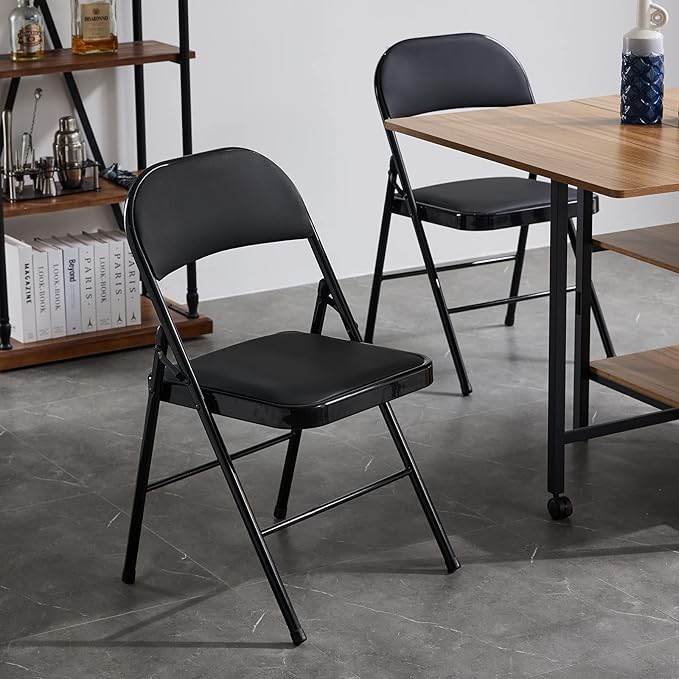 4 Pack Black Folding Chairs with Padded Seats, Portable Stackable Foldable Chairs for Indoor and Outdoor, Commercial Seat with Metal Frame for Events Office Wedding Party, 330lbs Capacity