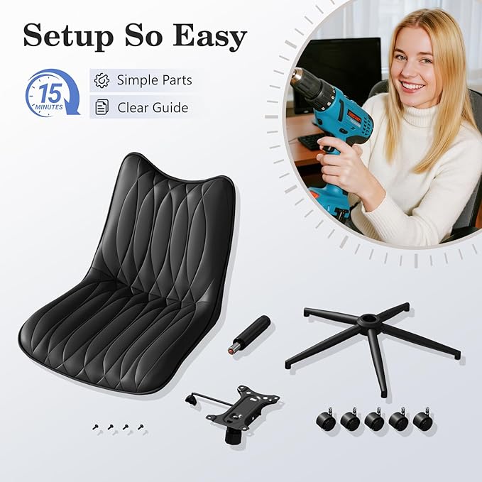 Armless Desk Chair, Armless Office Chair with Wheels, Small Desk Chair No Arms for Home Office, Swivel Vantiy Chair with Backs for Bedroom, Rolling Task Chair for Small Space, Black