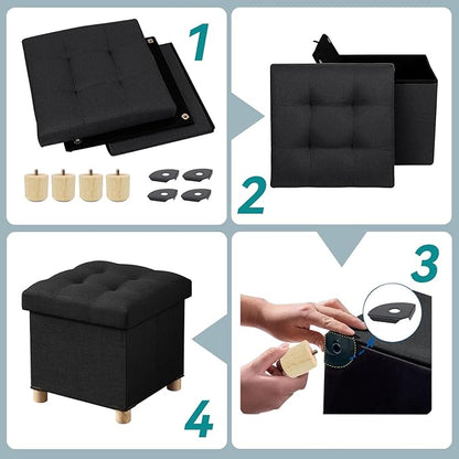 BRIAN & DANY Ottoman with Storage, Small Storage Ottoman for Dorm, Linen Folding Ottoman Foot Stool with Legs for Living Room and Bedroom, 15"x15"x15" - Black