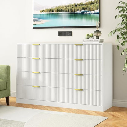 8 Drawer Dresser for Bedroom, Modern Fluted Double Dresser, 55" Wide Chest of Dressers, Wooden Beside Table for Closet, Living Room and Entryway, White