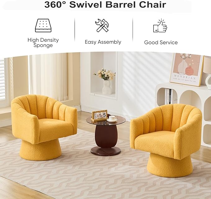 Swivel Accent Chair,Upholstered Teddy 360° Swivel Barrel Chair for Living Room Overstuffed Bouncle Reading Chair Round Armchair for Bedroom,Vanity,Office-Mustard