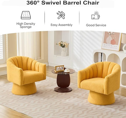Swivel Accent Chair,Upholstered Teddy 360° Swivel Barrel Chair for Living Room Overstuffed Bouncle Reading Chair Round Armchair for Bedroom,Vanity,Office-Mustard