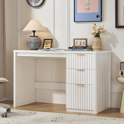 48" Modern Fluted Executive Desk with Storage Cabinet, White Wood Home Office Desk with File Drawer & Metal Handles, Large Computer Writing Table for Office,Study, Living Room, Bedroom