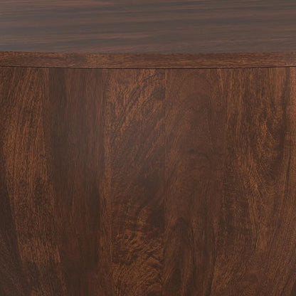 SIMPLIHOME Elmbrook Coffee Table - 34 inch Wide Solid Mango Wood Modern Industrial Round Drum Cocktail Table in Walnut Brown, Sculptural Living Room Table with Low Profile Design, Assembled