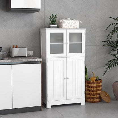 LOKO Bathroom Floor Cabinet, Storage Cabinet with Glass Doors, Wooden Kitchen Cupboard with Adjustable Shelf, Versatile Floor Storage Cabinet for Bathroom, Living Room & Kitchen (White)