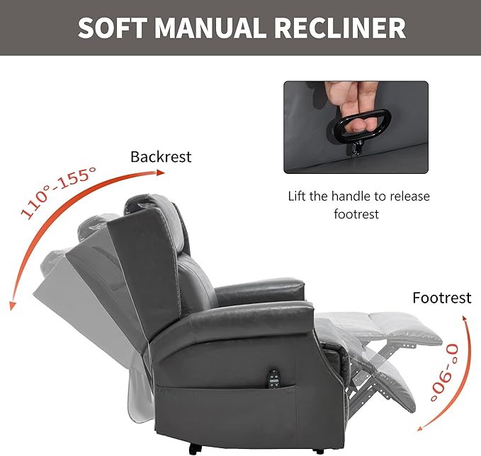 Manual Recliner Chair with Massage & Lumbar Heat, Breathable Leather Reclining Chair for Adults, Humanized Design Easy to Install Living Room Recliners Grey