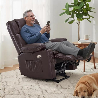 MCombo Dual Motor Power Lift Recliner Chair for Elderly, Lay Flat Lift Chair with Heat and Massage, Cup Holders, USB Ports, Faux Leather 7890 (Dark Brown, Medium)