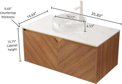 36 Inch Floating Bathroom Vanity with Vessel Sink, Fluted Modern Cabinet with 2 Doors, Glass Vessel Ceramic Sink & Sintered Stone Top, Oak