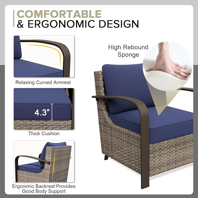 COOS BAY Aurora Terrace Half-Moon Outdoor Furniture Set, Rattan Conversation Set with Patio Chairs, Curved 4-Seat Sofa, Coffee Table, Seats 6, Beige/Blue