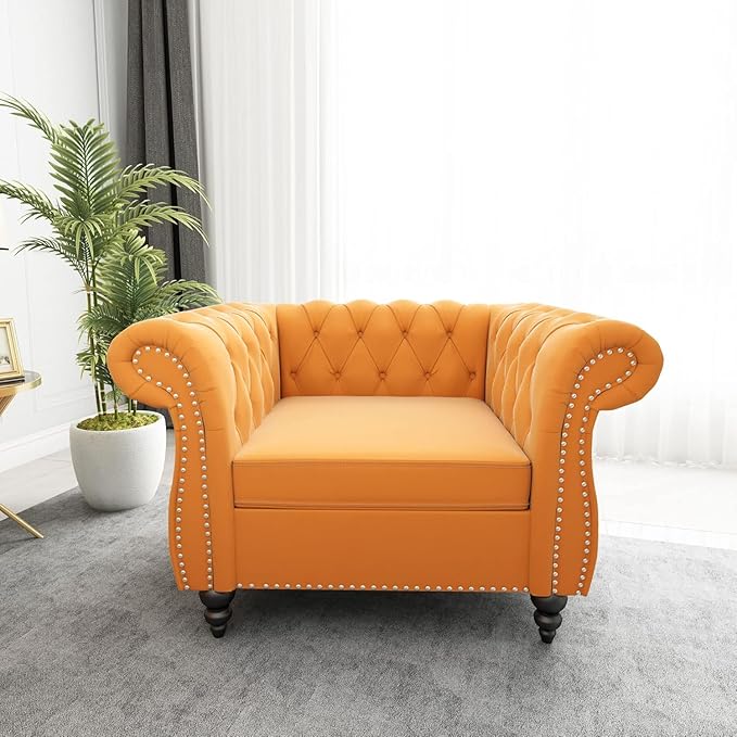 Living Room Chair, Modern Velvet Chesterfield Sofa Chair, Mid Century Single Sofa Couch Chair with Tufted Back and Rolled Arms, Accent Sofa Chair for Living Room Apartment, Yellow